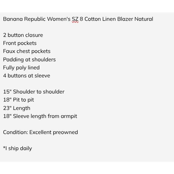 Banana Republic Women's SZ 8 Cotton Linen Blazer Natural - Picture 7 of 7